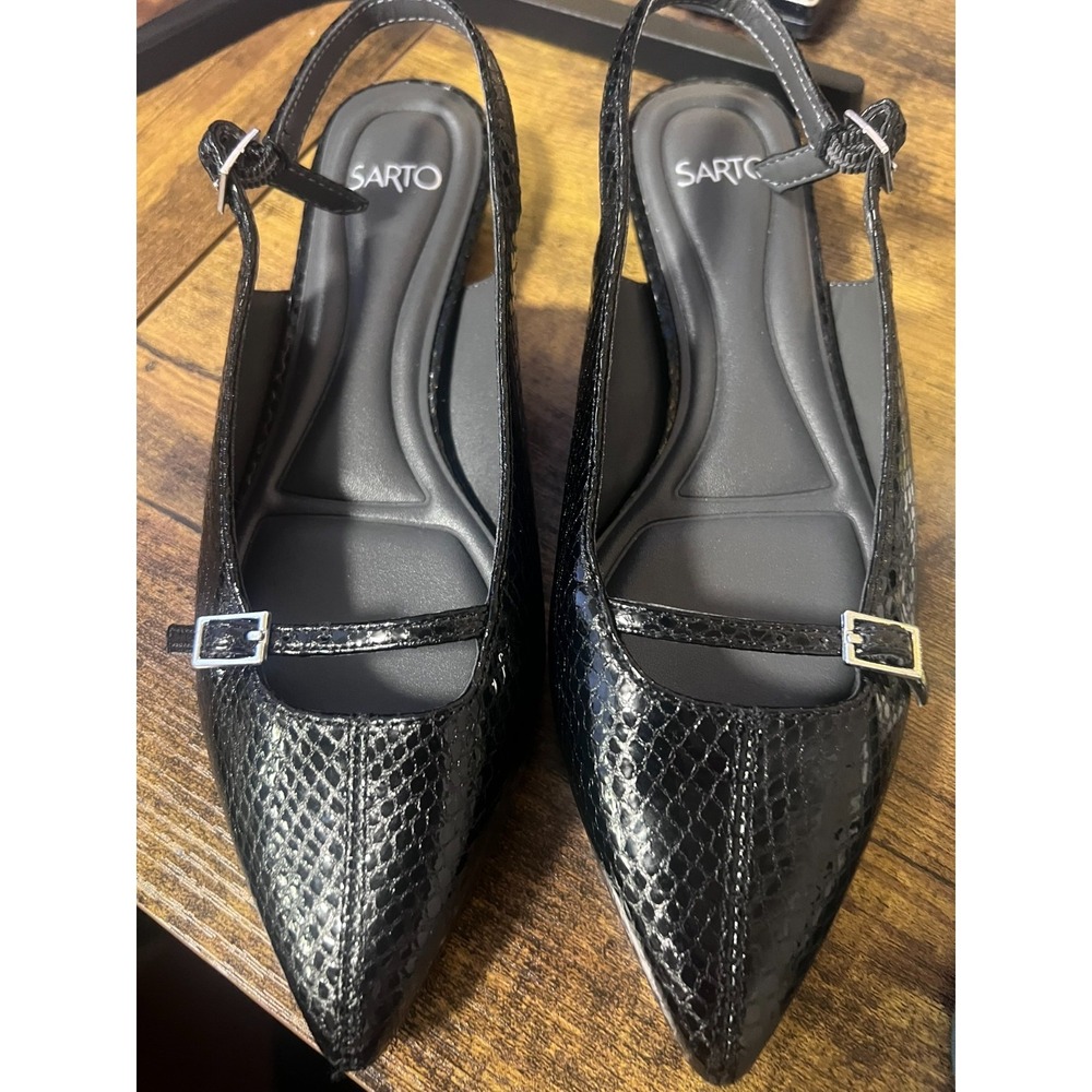 Sarto Franco Sarto Black Snakeskin Embossed Slingback Pointed Toe Flats 5.5